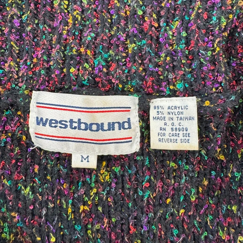 Westbound Vintage 80s Rainbow‎ Confetti Knit Open Cardigan Sweater Coat Black M